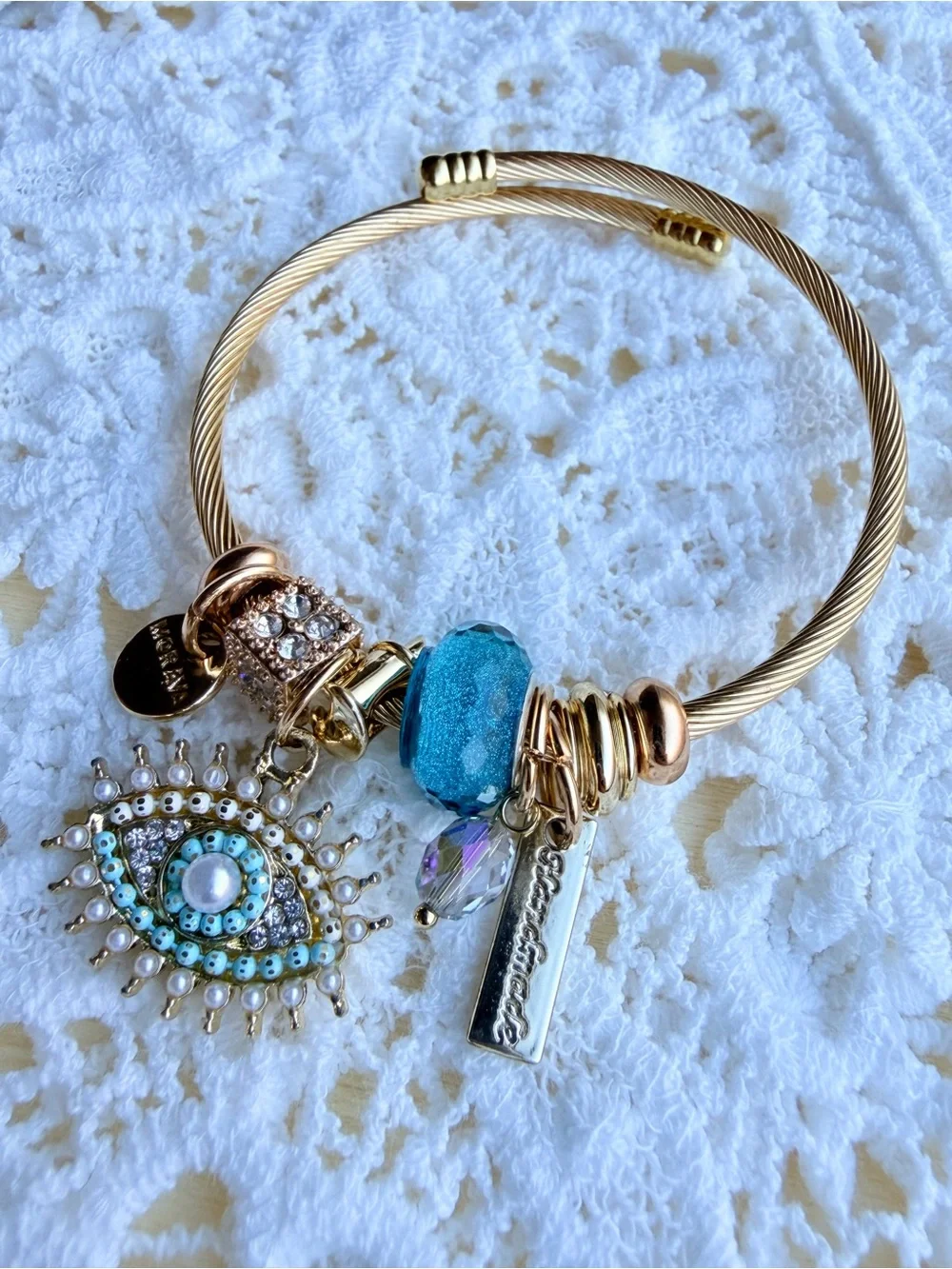 Gold-Tone Charm Bracelet with Turquoise Blue Eye Charm